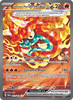 Hearthflame Mask Ogerpon ex — Twilight Masquerade #212, 2024. Illustrated by Yano Keiji.