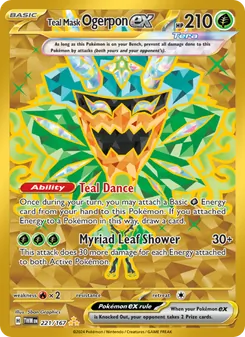 Teal Mask Ogerpon ex — Twilight Masquerade #221, 2024. Illustrated by 5ban Graphics.