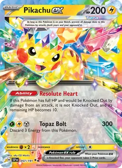 Pikachu ex — Surging Sparks #057, 2024. Illustrated by aky CG Works.