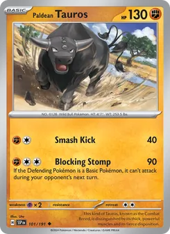 Paldean Tauros — Surging Sparks #101, 2024. Illustrated by Uta.