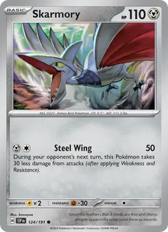 Skarmory — Surging Sparks #124, 2024. Illustrated by kawayoo.