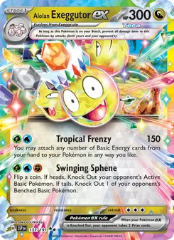 Alolan Exeggutor ex — Surging Sparks #133, 2024. Illustrated by aky CG Works.