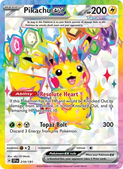 Pikachu ex — Surging Sparks #219, 2024. Illustrated by aky CG Works.