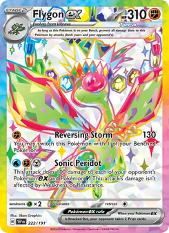 Flygon ex — Surging Sparks #222, 2024. Illustrated by 5ban Graphics.