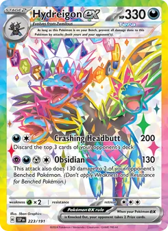 Hydreigon ex — Surging Sparks #223, 2024. Illustrated by 5ban Graphics.