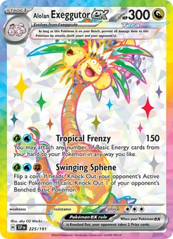 Alolan Exeggutor ex — Surging Sparks #225, 2024. Illustrated by aky CG Works.