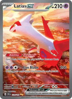 Latias ex — Surging Sparks #239, 2024. Illustrated by OKACHEKE.