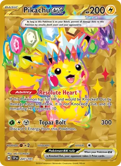 Pikachu ex — Surging Sparks #247, 2024. Illustrated by aky CG Works.