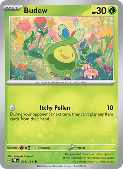 Budew — Prismatic Evolutions #004, 2025. Illustrated by Yoriyuki Ikegami.