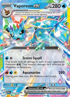 Vaporeon ex — Prismatic Evolutions #023, 2025. Illustrated by 5ban Graphics.
