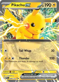 Pikachu ex — Prismatic Evolutions #028, 2025. Illustrated by N-DESIGN Inc..