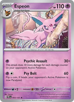 Espeon — Prismatic Evolutions #033, 2025. Illustrated by Kariya.