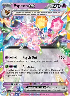 Espeon ex — Prismatic Evolutions #034, 2025. Illustrated by 5ban Graphics.