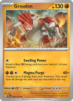Groudon — Prismatic Evolutions #049, 2025. Illustrated by Uta.