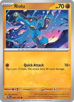Riolu — Prismatic Evolutions #050, 2025. Illustrated by Tika Matsuno.