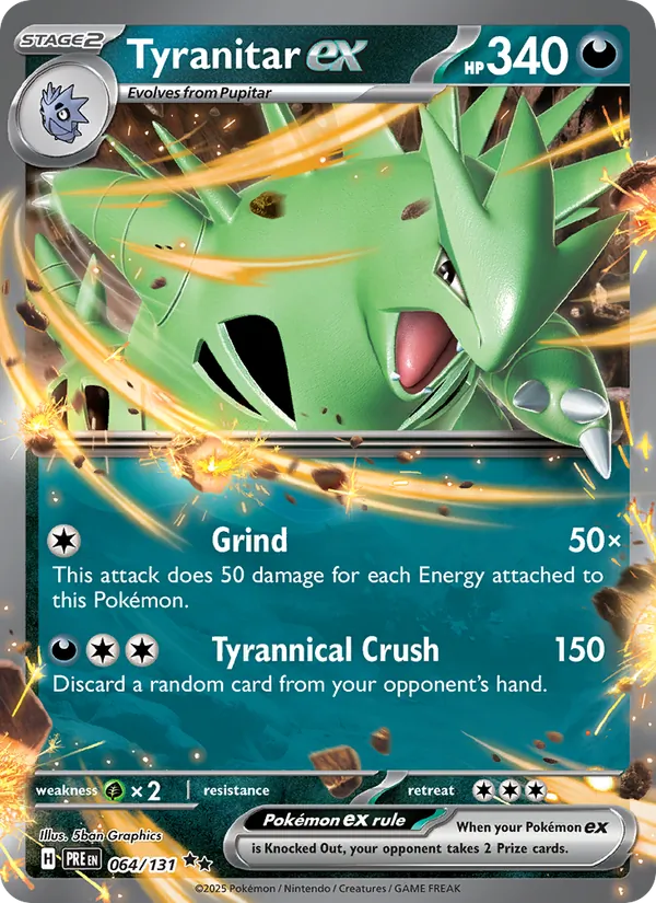 Tyranitar ex — Prismatic Evolutions #064, 2025. Illustrated by 5ban Graphics.