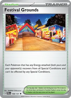 Festival Grounds — Prismatic Evolutions #108, 2025. Illustrated by MARINA Chikazawa.