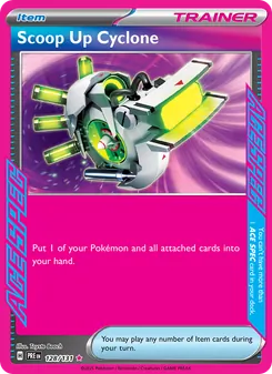 Scoop Up Cyclone — Prismatic Evolutions #128, 2025. Illustrated by Toyste Beach.