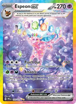 Espeon ex — Prismatic Evolutions #155, 2025. Illustrated by sui.