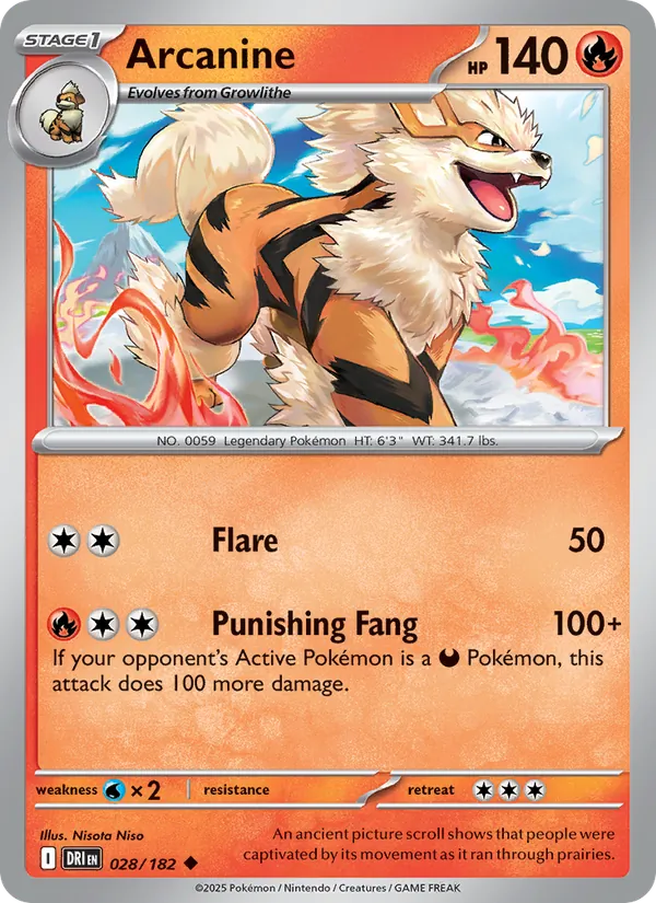 Arcanine — Destined Rivals #028, 2025. Illustrated by Nisota Niso.
