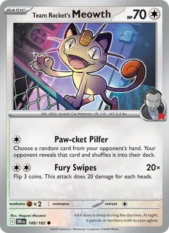 Team Rocket's Meowth — Destined Rivals #149, 2025. Illustrated by Megumi Mizutani.