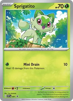 Sprigatito — SVP Black Star Promos #001, 2023. Illustrated by Yuu Nishida.
