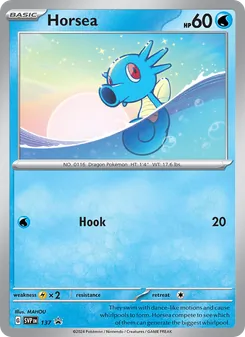 Horsea — SVP Black Star Promos #137, 2023. Illustrated by MAHOU.