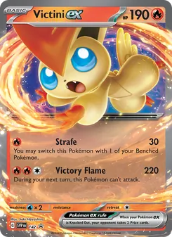 Victini ex — SVP Black Star Promos #142, 2023. Illustrated by Saki Hayashiro.