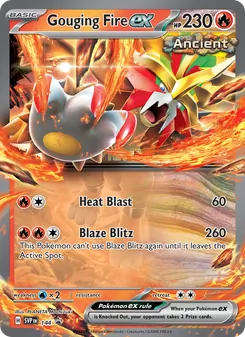 Gouging Fire ex — SVP Black Star Promos #144, 2023. Illustrated by PLANETA Mochizuki.