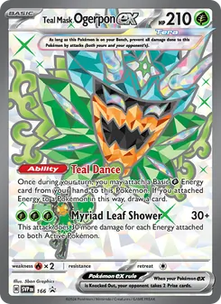 Teal Mask Ogerpon ex — SVP Black Star Promos #166, 2023. Illustrated by 5ban Graphics.