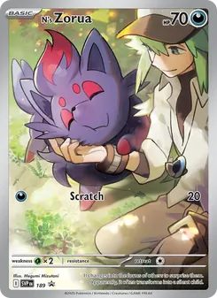 N's Zorua — SVP Black Star Promos #189, 2023. Illustrated by Megumi Mizutani.