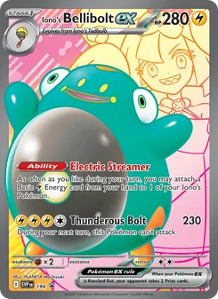 Iono's Bellibolt ex — SVP Black Star Promos #194, 2023. Illustrated by PLANETA Mochizuki.