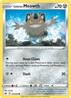 Galarian Meowth — Sword & Shield #127, 2020. Illustrated by kirisAki.