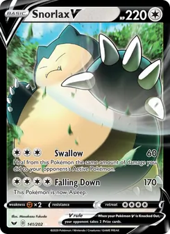 Snorlax V — Sword & Shield #141, 2020. Illustrated by Masakazu Fukuda.