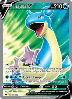 Lapras V — Sword & Shield #189, 2020. Illustrated by 5ban Graphics.