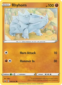 Rhyhorn — Sword & Shield #96, 2020. Illustrated by Sekio.