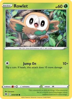 Rowlet — Astral Radiance #019, 2022. Illustrated by kawayoo.