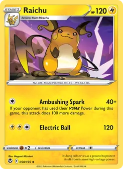 Raichu — Silver Tempest #050, 2022. Illustrated by Megumi Mizutani.