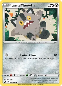 Galarian Meowth — Crown Zenith #084, 2023. Illustrated by miki kudo.