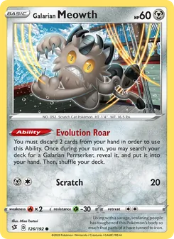 Galarian Meowth — Rebel Clash #126, 2020. Illustrated by Misa Tsutsui.