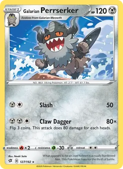 Galarian Perrserker — Rebel Clash #127, 2020. Illustrated by Naoki Saito.