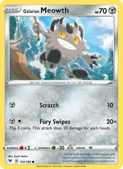 Galarian Meowth — Vivid Voltage #112, 2020. Illustrated by Kouki Saitou.