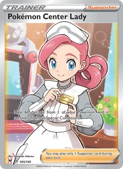 Pokémon Center Lady — Vivid Voltage #185, 2020. Illustrated by Sanosuke Sakuma.