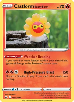 Castform Sunny Form — Chilling Reign #22, 2021. Illustrated by Yuka Morii.
