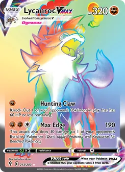 Lycanroc VMAX — Evolving Skies #213, 2021. Illustrated by Mitsuhiro Arita.