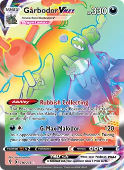 Garbodor VMAX — Evolving Skies #216, 2021. Illustrated by 5ban Graphics.
