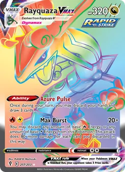 Rayquaza VMAX — Evolving Skies #217, 2021. Illustrated by PLANETA Mochizuki.
