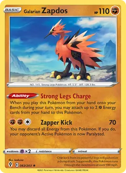 Galarian Zapdos — Evolving Skies #82, 2021. Illustrated by kodama.