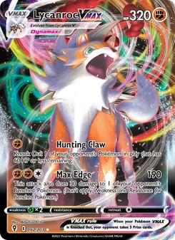 Lycanroc VMAX — Evolving Skies #92, 2021. Illustrated by Mitsuhiro Arita.