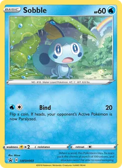 Sobble — SWSH Black Star Promos #SWSH003, 2019. Illustrated by Mizue.